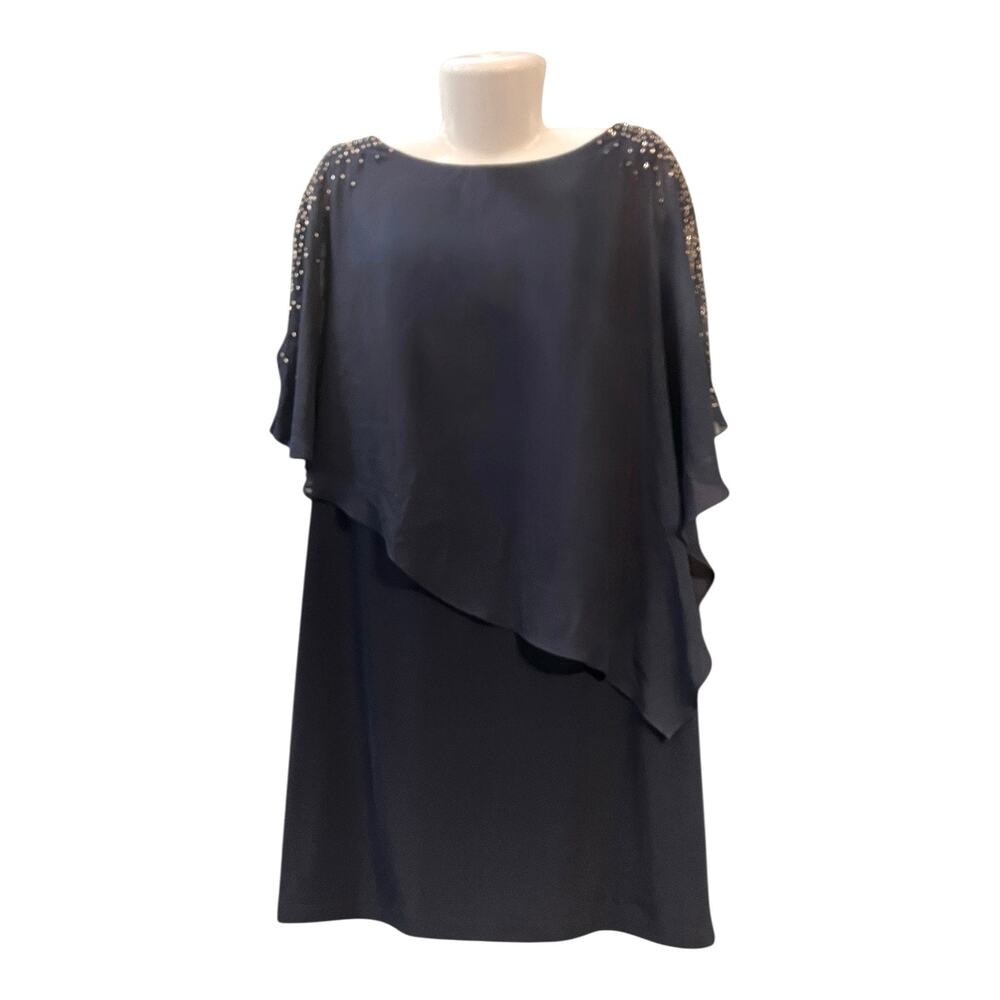 X By Xscape Women's Navy Caplet Chiffon Bead Embellished Knee-Length Dress SZ 14